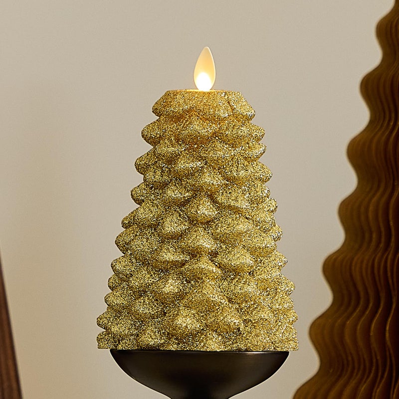 Luminara Rich Gold Glitter Flameless LED Candle North Tree Moving Flame Pillar 38 x 6 - Image 2