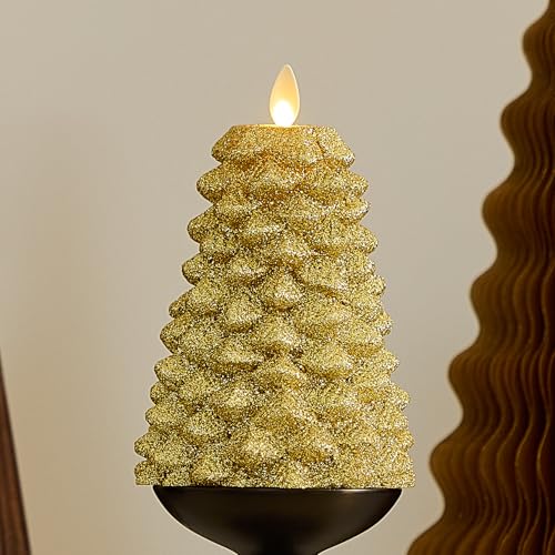 Luminara Rich Gold Glitter Flameless LED Candle North Tree Moving Flame Pillar 38 x 6 - Image 1
