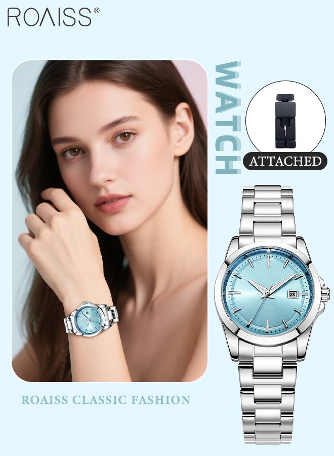 roaiss Simple Quartz Watch for Women, Analog Display Round Blue Dial with Calendar Window, Casual Elegant Luminous Waterproof Wristwatch as Gift for Ladies - Image 1