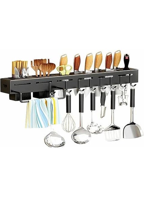 Kitchen Organizer - Stainless Steel Non-Hole Hooks,storage Organizer flatware Wall Mounted for Knives, Spoons, Forks Utensil racks, Black