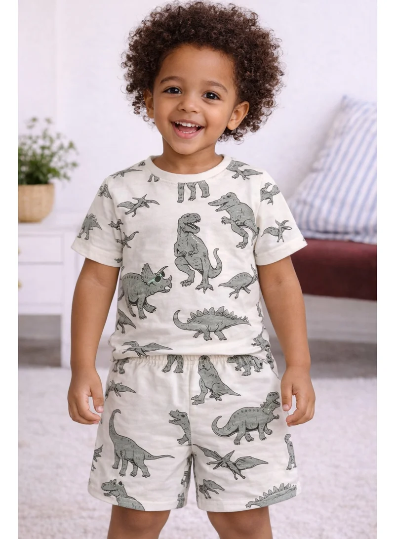 فكتور اند جين Boys Dinosaur Print Cotton Pajama Set – T-Shirt & Shorts Nightwear