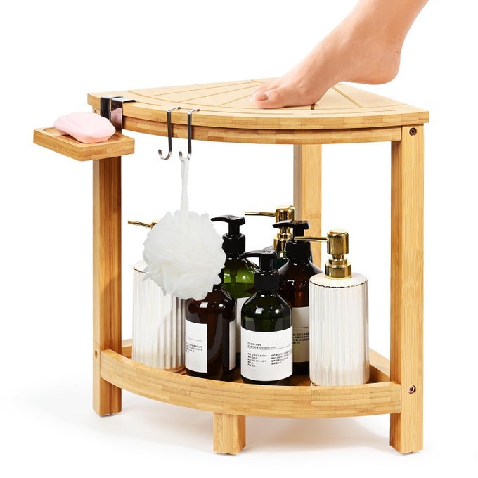 2TIER BAMBOO CORNER SHOWER STOOL FOR SHAVING LEGS WATERPROOF BENCH WITH STORAGE SHELF AND SOAP DISH NONSLIP FOOT REST NATURAL