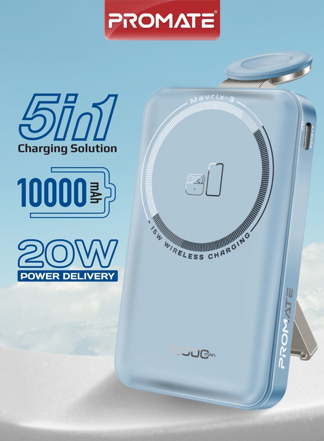 بروميت 10000 mAh Mavrix-3 10000mAh MagSafe Power Bank with Apple Watch Charger, 15W Wireless, 20W USB-C PD Fast Charging, N52 Magnetic, Kickstand, TSA-Approved for iPhone 17/17Pro/16 Samsung S26/S25 Blue Blue - Image 1