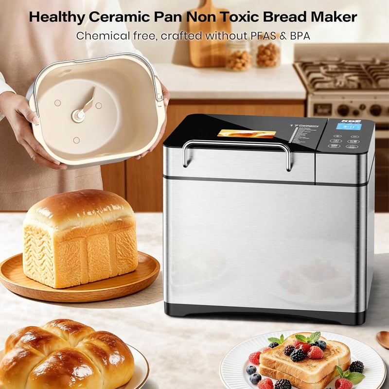 KBS Pro Stainless Steel Bread Machine, 2LB 17-in-1 Programmable XL Bread Maker with Fruit Nut Dispenser, Nonstick Ceramic Pan& Digital Touch Panel, 3 Loaf Sizes 3 Crust Colors, Reserve& Keep Warm Set - Image 4