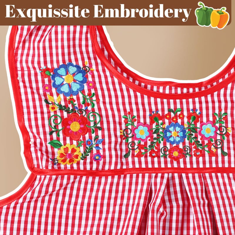 Coume Traditional Mexican Apron Beautiful Flower Embroidery Apron for Women with Pockets Mandiles Para Mujer Mexicanos Mandil(Red,Embroidery) - Image 2