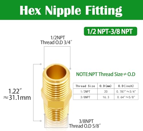 Tnuocke 3pcs 1/2 NPT Male x 3/8 NPT Male Solid Brass Nipple Pipe Fittings,Heavy Hex Straight Connector Adapter H-041-1/2 NPT-3/8 NP - Image 2