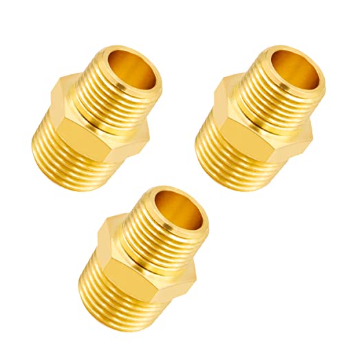 Tnuocke 3pcs 1/2 NPT Male x 3/8 NPT Male Solid Brass Nipple Pipe Fittings,Heavy Hex Straight Connector Adapter H-041-1/2 NPT-3/8 NP - Image 1