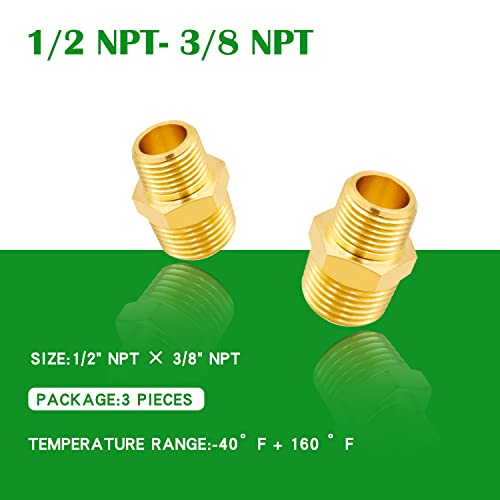 Tnuocke 3pcs 1/2 NPT Male x 3/8 NPT Male Solid Brass Nipple Pipe Fittings,Heavy Hex Straight Connector Adapter H-041-1/2 NPT-3/8 NP - Image 4