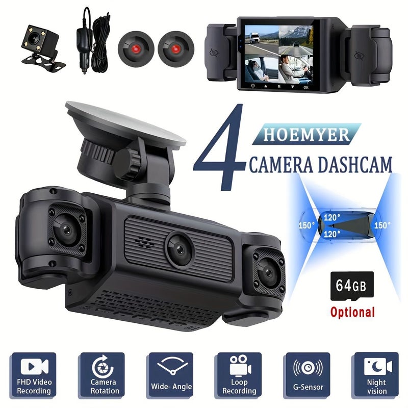 360 Degree 4 Channel Dash Cam 1080P Night Vision with 64GB Memory Card - Image 1