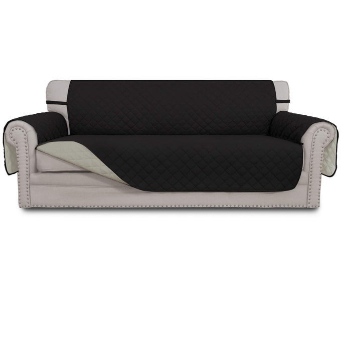 EASYGOING 4 SEATER SOFA SLIPCOVER REVERSIBLE SOFA COVER WATER RESISTANT COUCH COVER WITH FOAM STICKS ELASTIC STRAPS FURNITURE PROTECTOR FOR PETS CHILDREN DOG CAT XXLARGE BLACKBEIGE