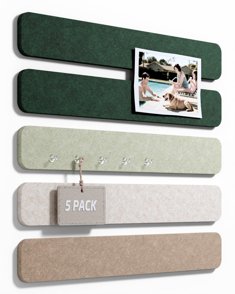 Fluxynara Cork Board Alternative Felt Strip Board 5-Pack 13"x2", Office Pin Board with 35 Push Pins, Adhesive Install for Bedroom Door & Home Office(Nordic Moss) - Image 1