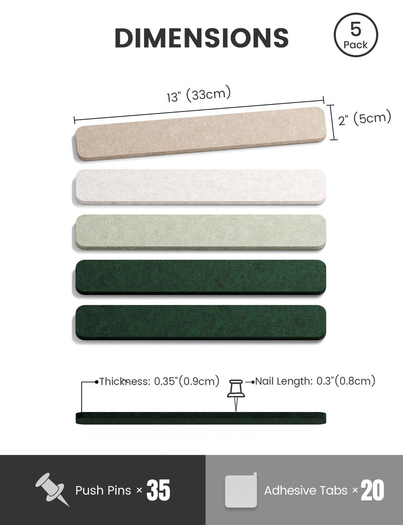 Fluxynara Cork Board Alternative Felt Strip Board 5-Pack 13"x2", Office Pin Board with 35 Push Pins, Adhesive Install for Bedroom Door & Home Office(Nordic Moss) - Image 2