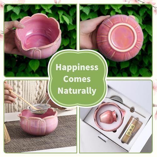 TAUFIKT Matcha Whisk Set, Ceramic Matcha Set 8 Pcs, Matcha Kit Set Includes Matcha Bowl, Matcha Whisk and Holder, Bamboo Scoop and Rest, Sifter and Tea Towel, Ideal Gift for Family/Friend (Pink) - Image 5