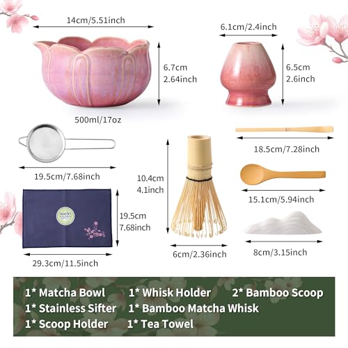 TAUFIKT Matcha Whisk Set, Ceramic Matcha Set 8 Pcs, Matcha Kit Set Includes Matcha Bowl, Matcha Whisk and Holder, Bamboo Scoop and Rest, Sifter and Tea Towel, Ideal Gift for Family/Friend (Pink) - Image 2