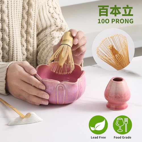 TAUFIKT Matcha Whisk Set, Ceramic Matcha Set 8 Pcs, Matcha Kit Set Includes Matcha Bowl, Matcha Whisk and Holder, Bamboo Scoop and Rest, Sifter and Tea Towel, Ideal Gift for Family/Friend (Pink) - Image 4