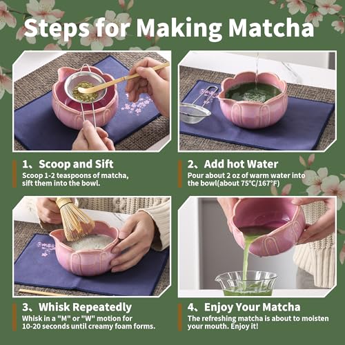 TAUFIKT Matcha Whisk Set, Ceramic Matcha Set 8 Pcs, Matcha Kit Set Includes Matcha Bowl, Matcha Whisk and Holder, Bamboo Scoop and Rest, Sifter and Tea Towel, Ideal Gift for Family/Friend (Pink) - Image 3