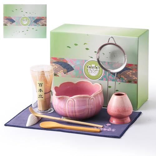 TAUFIKT Matcha Whisk Set, Ceramic Matcha Set 8 Pcs, Matcha Kit Set Includes Matcha Bowl, Matcha Whisk and Holder, Bamboo Scoop and Rest, Sifter and Tea Towel, Ideal Gift for Family/Friend (Pink) - Image 1