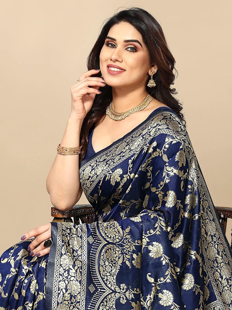Sidhidata Women's Kanjivaram Banarasi Jacquard Silk Saree in Navy Blue with Blouse Piece - Image 2