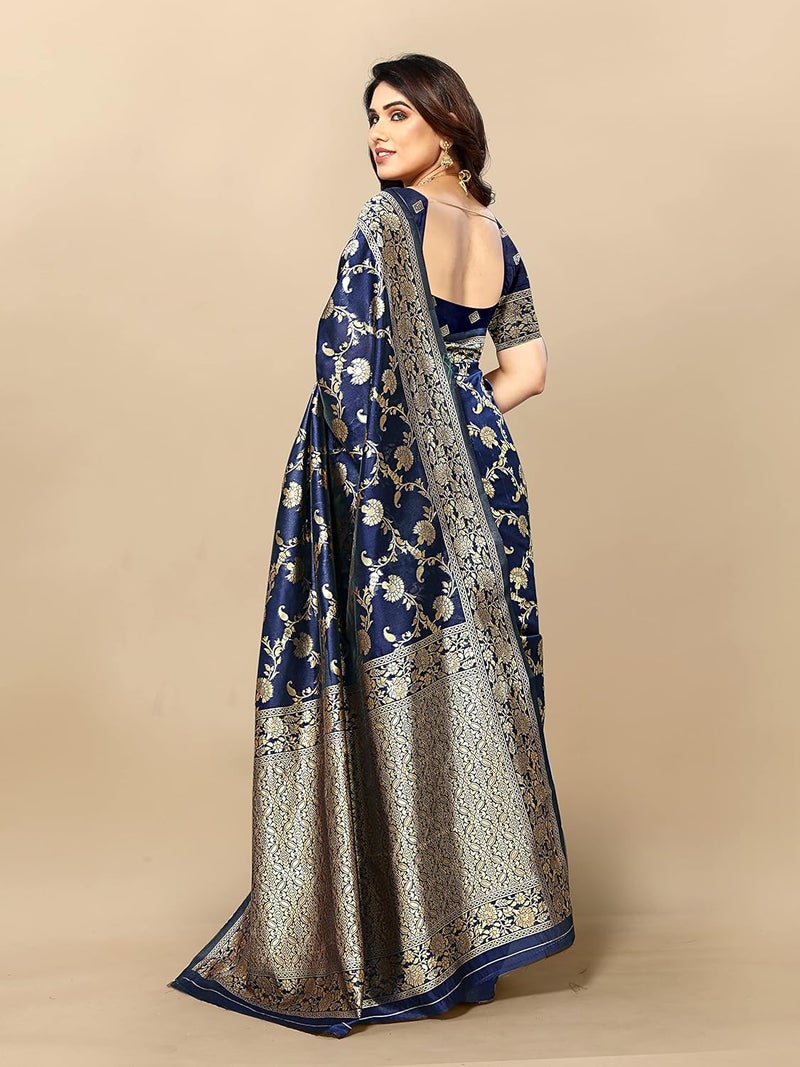 Sidhidata Women's Kanjivaram Banarasi Jacquard Silk Saree in Navy Blue with Blouse Piece - Image 5