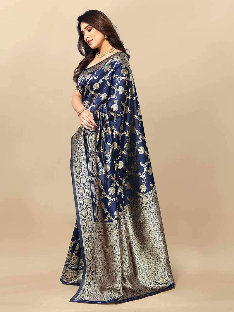 Sidhidata Women's Kanjivaram Banarasi Jacquard Silk Saree in Navy Blue with Blouse Piece - Image 4