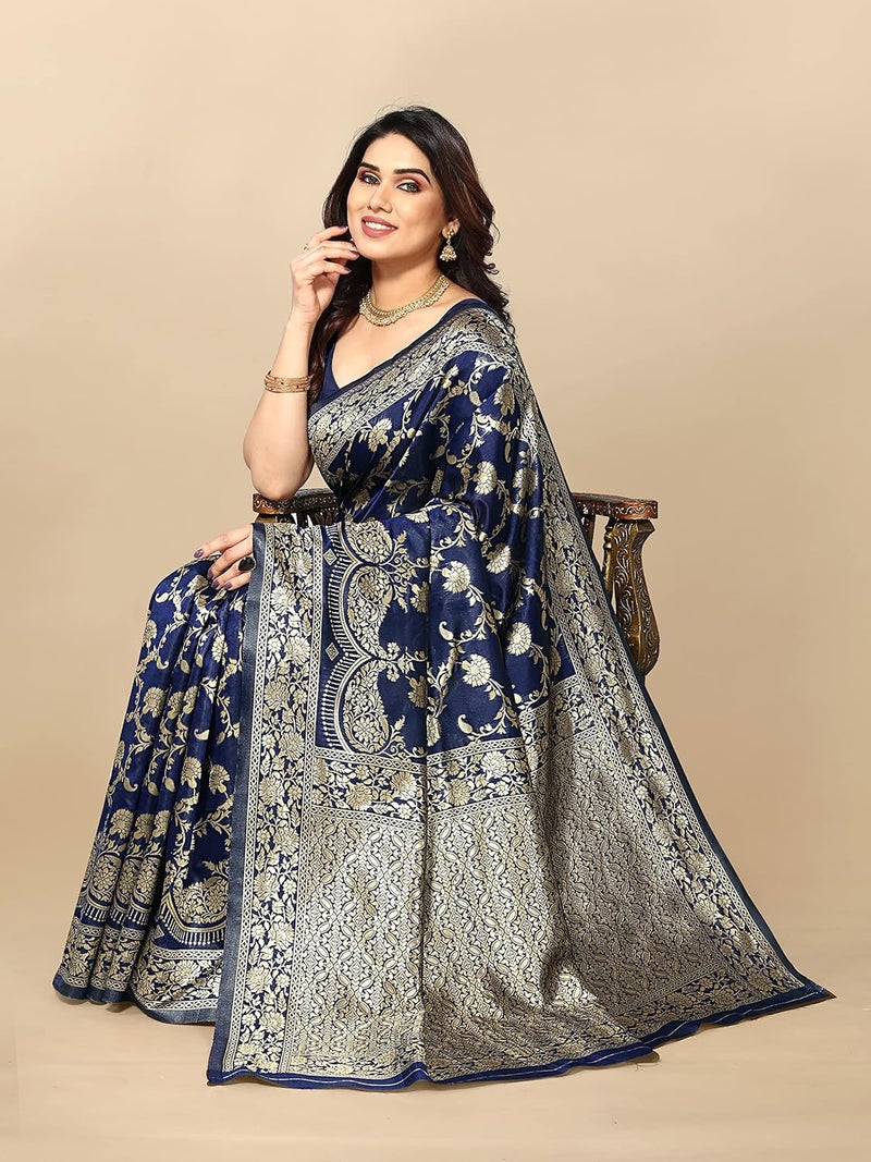 Sidhidata Women's Kanjivaram Banarasi Jacquard Silk Saree in Navy Blue with Blouse Piece - Image 3