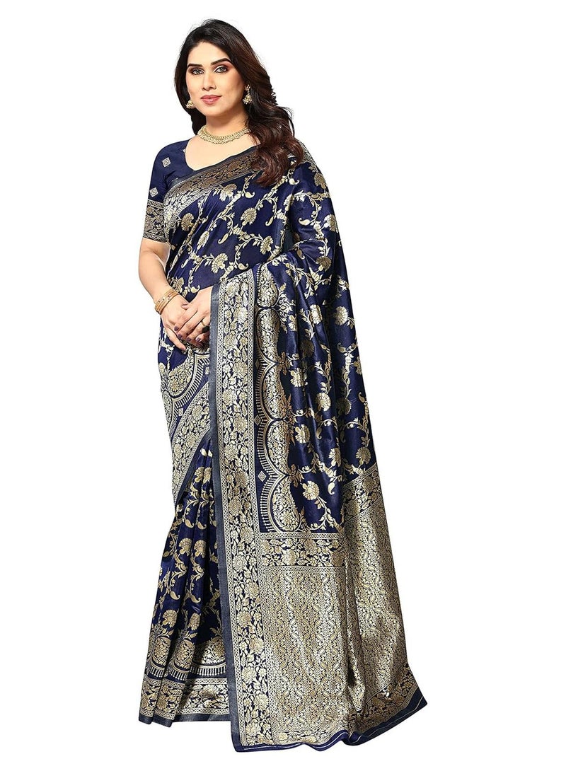 Sidhidata Women's Kanjivaram Banarasi Jacquard Silk Saree in Navy Blue with Blouse Piece - Image 1