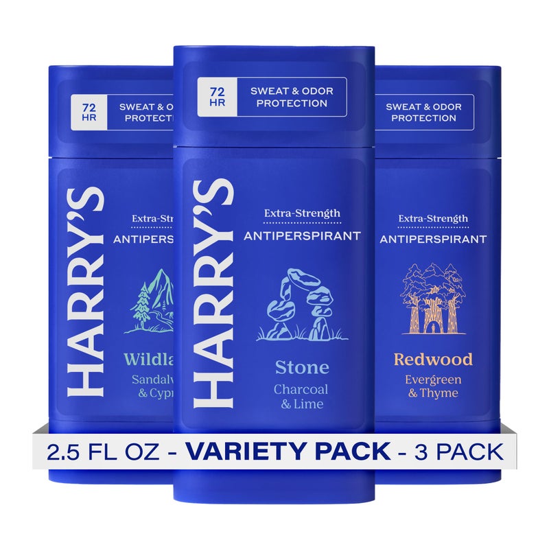 Harrys ExtraStrength Antiperspirant Deodorant Sweat  Odor Control Antiperspirant for Men Variety Pack  Stone Redwood Wildlands 25 oz Pack of 3
