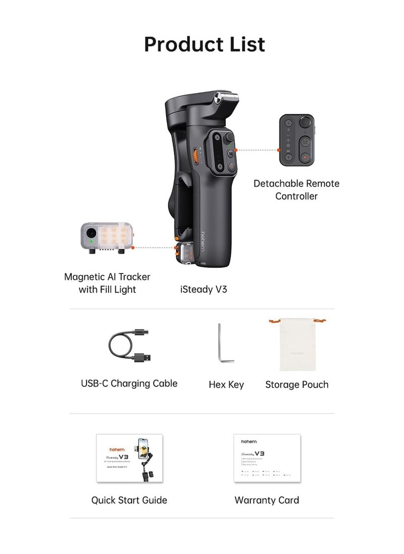 hohem - Hohem iSteady V3 Foldable Gimbal Stabilizer With AI Tracker & Remote - Image 1