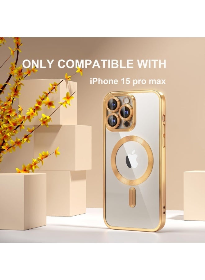 غطاء مغناطيسي لآيفون 15 Pro Max متوافق مع ماج سيف، 【مقاوم للاصفرار】 【حماية من السقوط بمستوى عسكري】 حماية كاملة للعدسة الكاميرا، غطاء هاتف مرن ناعم مطفى شفاف للنساء - ذهبي - Image 4