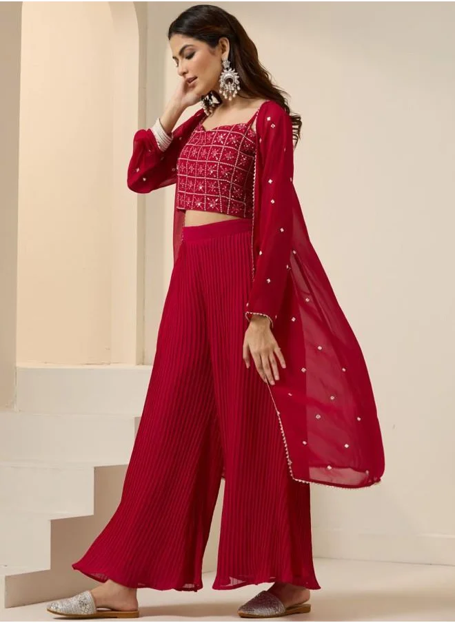 آي شين Straight Fit Women Raani Georgette Co-ords with Embroidered pattern Tunic and Palazzo features a Round neckline and Three-Fourth Sleeve secured with Pull over closure and styled in Straight Fit ideal for Festive moments — a must-have for your statement wardrobe.