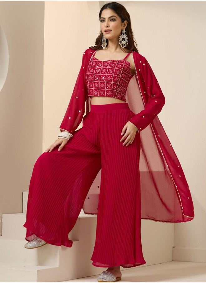 ISHIN - Straight Fit Women Raani Georgette Co-ords with Embroidered pattern Tunic and Palazzo features a Round neckline and Three-Fourth Sleeve secured with Pull over closure and styled in Straight Fit ideal for Festive moments — a must-have for your statement wardrobe. - Image 1