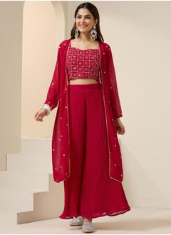Straight Fit Women Raani Georgette Co-ords with Embroidered pattern Tunic and Palazzo features a Round neckline and Three-Fourth Sleeve secured with Pull over closure and styled in Straight Fit ideal for Festive moments — a must-have for your statement wardrobe.