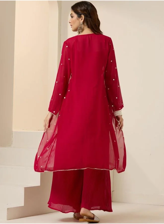 آي شين Straight Fit Women Raani Georgette Co-ords with Embroidered pattern Tunic and Palazzo features a Round neckline and Three-Fourth Sleeve secured with Pull over closure and styled in Straight Fit ideal for Festive moments — a must-have for your statement wardrobe.