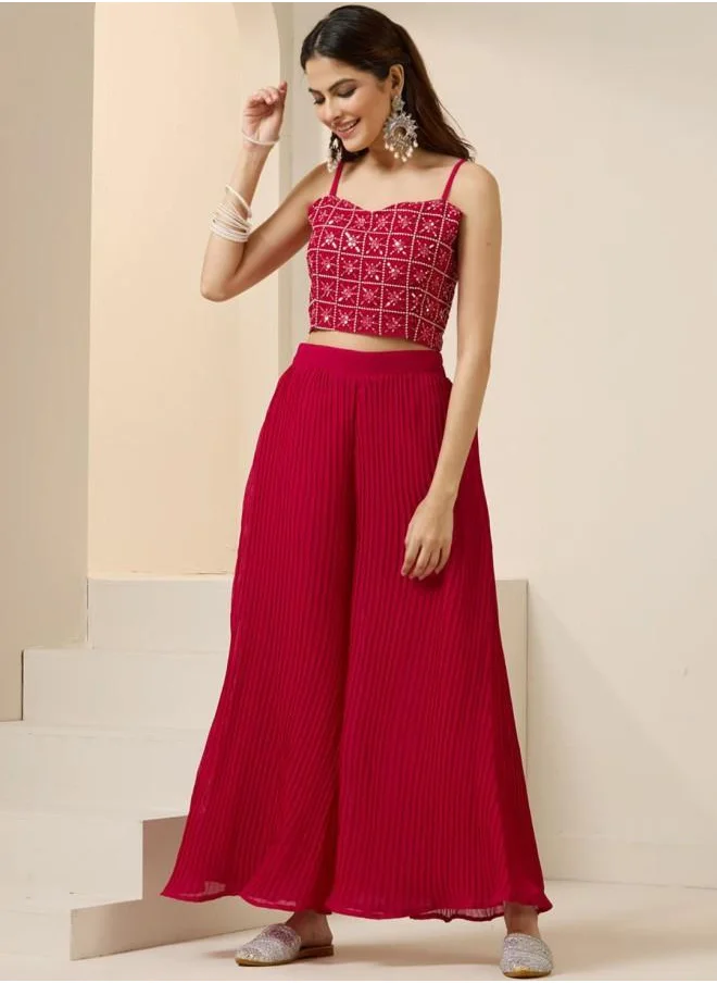 آي شين Straight Fit Women Raani Georgette Co-ords with Embroidered pattern Tunic and Palazzo features a Round neckline and Three-Fourth Sleeve secured with Pull over closure and styled in Straight Fit ideal for Festive moments — a must-have for your statement wardrobe.