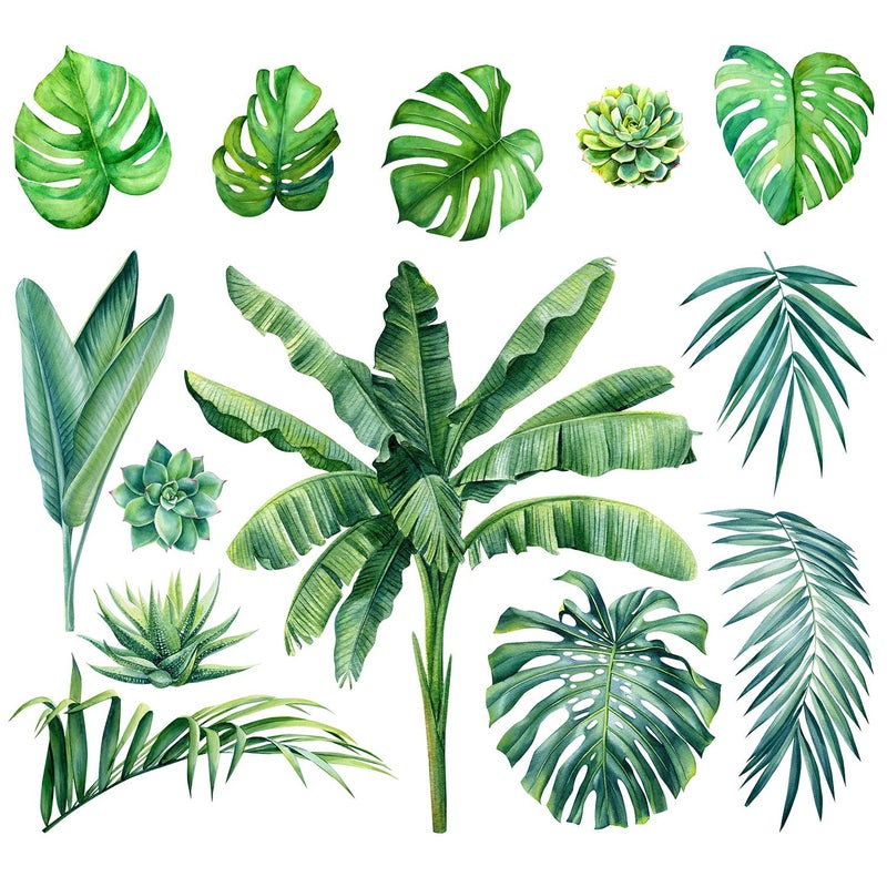 MEFOSS Watercolor Green Palm Tree Leaves Wall Decals DIY Botanical Tropical Plants Wall Stickers Removable Peel and Stick Monstera Leaf Art Decor for Livingroom Bedroom Office - Image 1