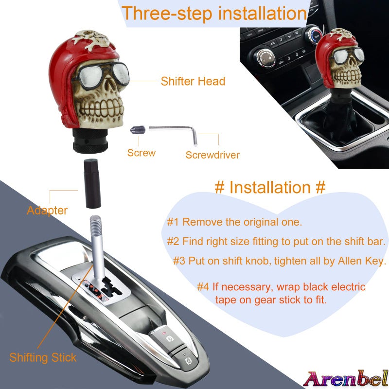 Arenbel Skull Shifter Lever Racing Knob Replacement Pilot Skeleton Gear Shift Stick Handle Fit Most Manual Automatic Transmission Cars, Red - Image 4