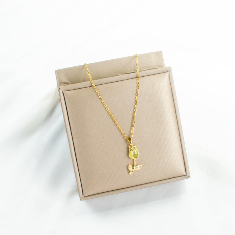 Golden Stainless Steel Green Rose Pendant Necklace - Image 2