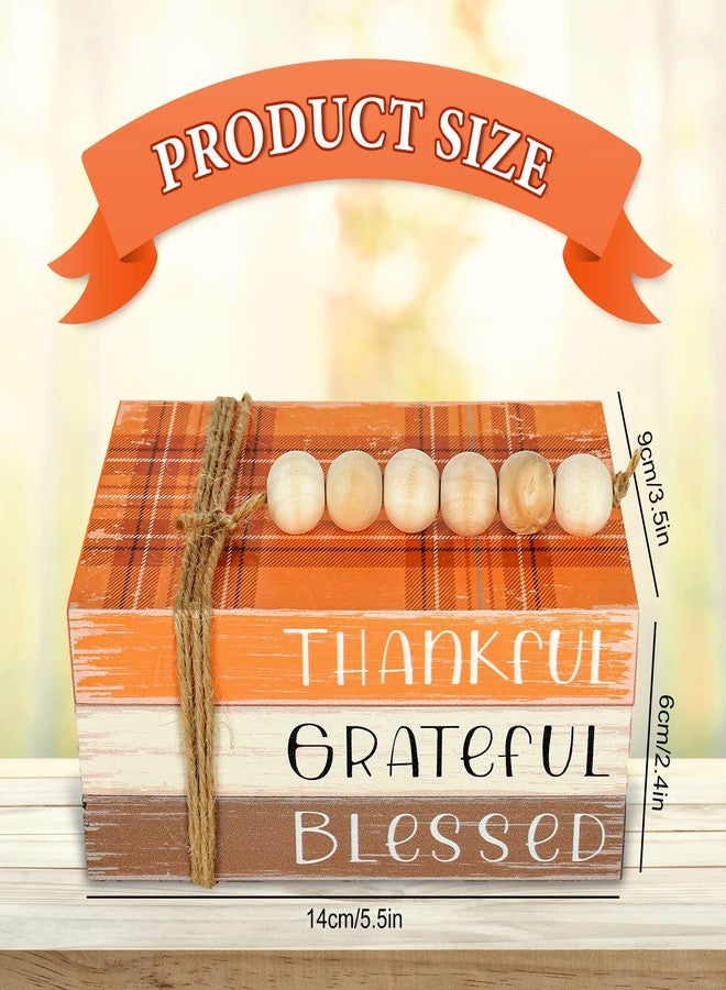 وولاين صينية خشبية متعددة الطبقات من Whaline لتزيين عيد الشكر، مزينة بنقشة مربعات، ومجموعة كتب مزخرفة مكدسة، ولوحة خشبية مزينة بخرز تحمل عبارات الشكر والامتنان والبركة، مثالية لتزيين طاولة المطبخ الريفي في فصل الخريف. - Image 2