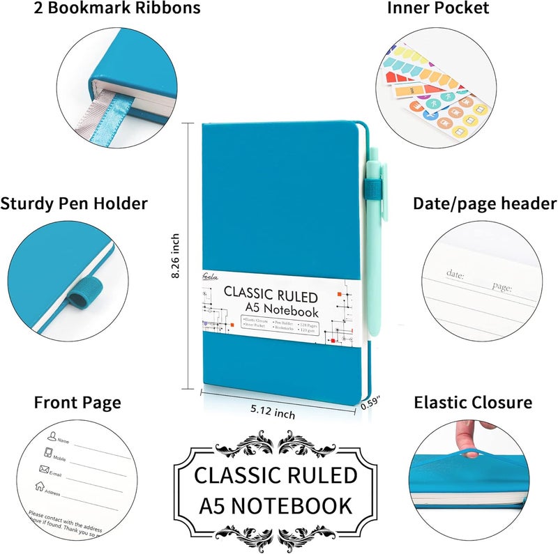 Feela 5 Pack Journal Notebook Bulk for School, Hardcover Business Notebooks Classic Ruled Lined Journals with Pen Holder for Work Note Taking, with 5 Black Pens, 120 GSM, 5.1”x8.3”, A5, Teal - Image 2