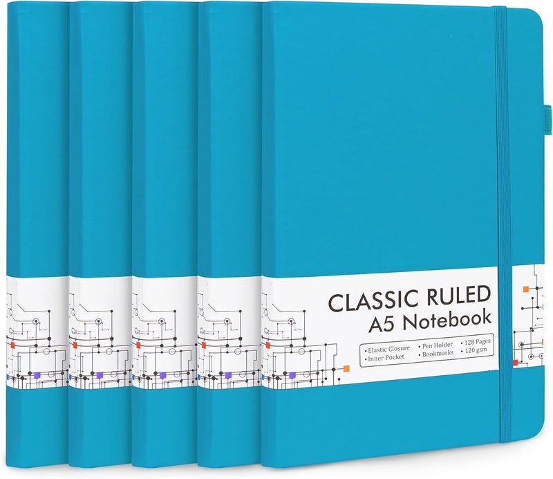 Feela 5 Pack Journal Notebook Bulk for School, Hardcover Business Notebooks Classic Ruled Lined Journals with Pen Holder for Work Note Taking, with 5 Black Pens, 120 GSM, 5.1”x8.3”, A5, Teal - Image 1