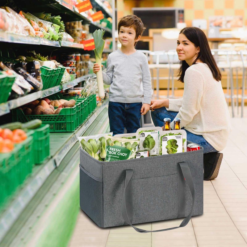 LHZK Standing Extra Large Utility Tote Bag with Metal Wire Frame and the Sides Rinforced, Extra Large Tote Bag with Handle, Reusable Grocery Bags Foldable, Beach Bag, Car Tote (Grey) - Image 2