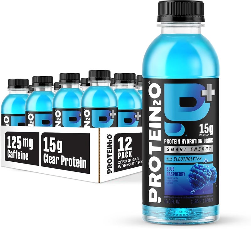 Protein2o 15g Whey Protein Isolate Hydration Drink Plus Energy  Focus 350mg of Electrolytes 125mg of Caffeine Sugar Free Blue Raspberry 169 oz Bottle Pack of 12 - Image 1