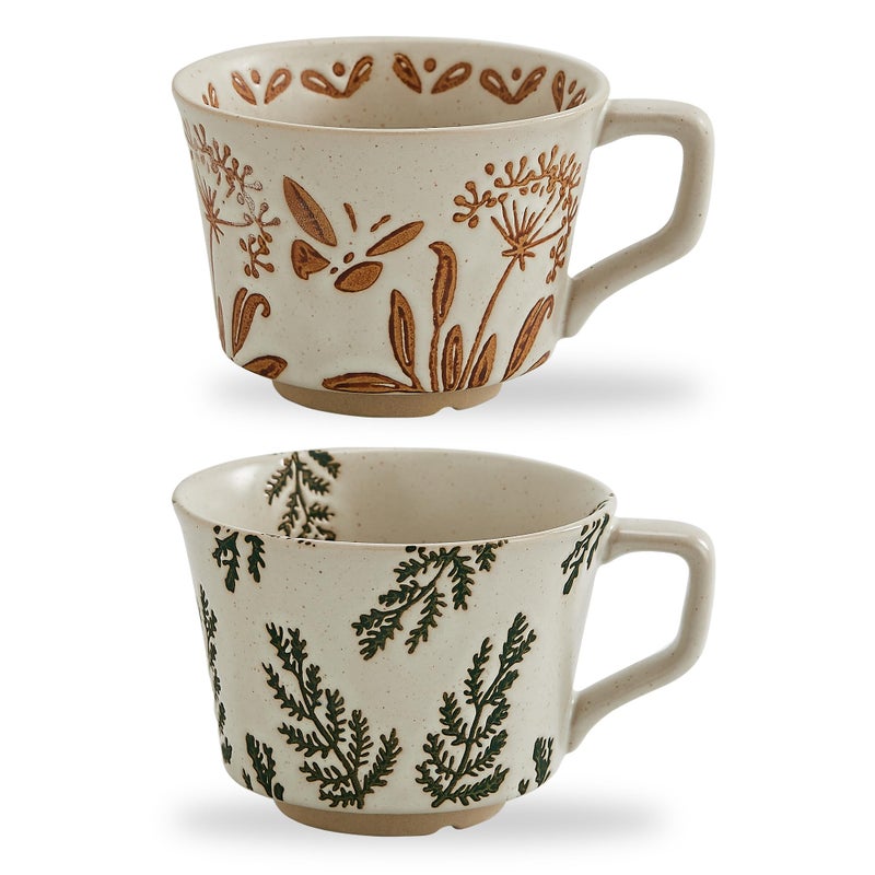 Swuut 12oz Vintage Ceramic Coffee Mug Set of 2 - Handmade Stoneware Pottery Countryside Farmhouse Fall Autumn Tea Mugs with Big Handle for Latte,Cocoa,Dishwasher & Microwave Safe Cups (Plants) - Image 1