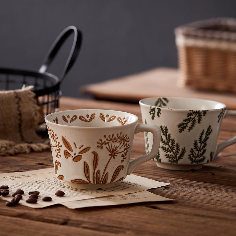 Swuut 12oz Vintage Ceramic Coffee Mug Set of 2 - Handmade Stoneware Pottery Countryside Farmhouse Fall Autumn Tea Mugs with Big Handle for Latte,Cocoa,Dishwasher & Microwave Safe Cups (Plants) - Image 3