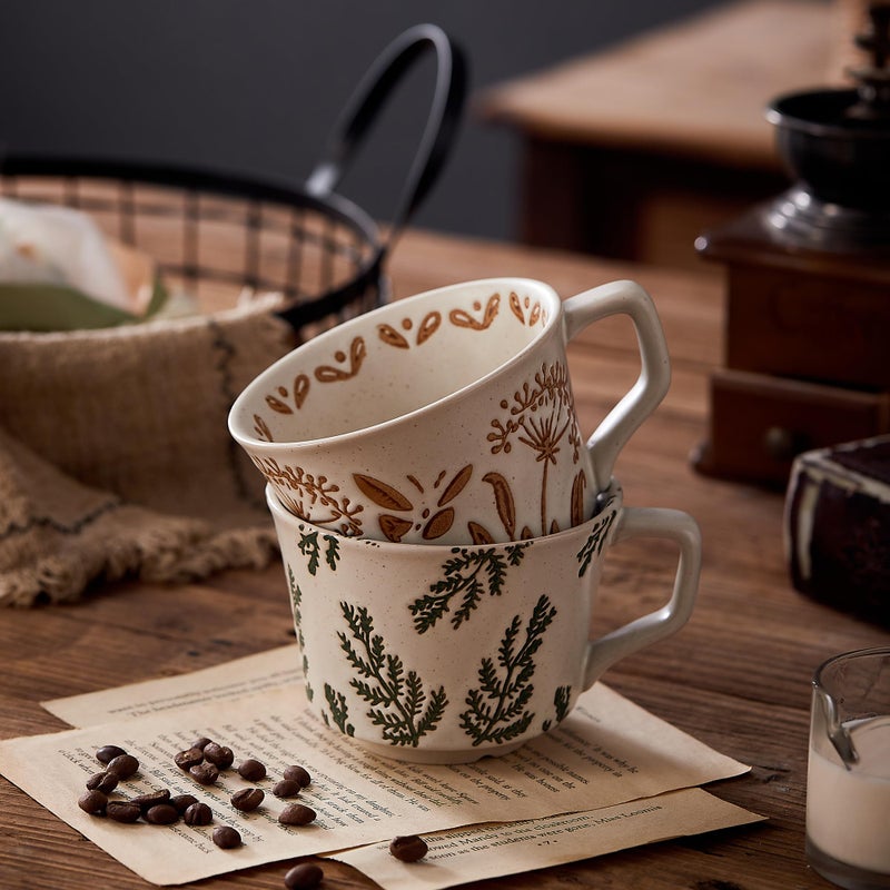 Swuut 12oz Vintage Ceramic Coffee Mug Set of 2 - Handmade Stoneware Pottery Countryside Farmhouse Fall Autumn Tea Mugs with Big Handle for Latte,Cocoa,Dishwasher & Microwave Safe Cups (Plants) - Image 2