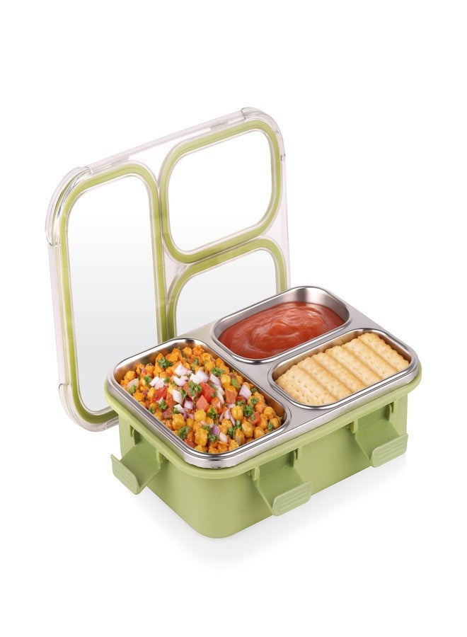 ATTRO Trio Meal Stainless Steel Lunch Box with 3 Partition, Microwave Safe, Airtight Leakproof Silicone Seal Lid, BPA-Free Food Grade Tiffin Box for Office School Kids – 600ml – Green - Image 1