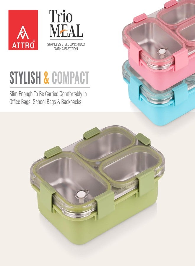 ATTRO Trio Meal Stainless Steel Lunch Box with 3 Partition, Microwave Safe, Airtight Leakproof Silicone Seal Lid, BPA-Free Food Grade Tiffin Box for Office School Kids – 600ml – Green - Image 4
