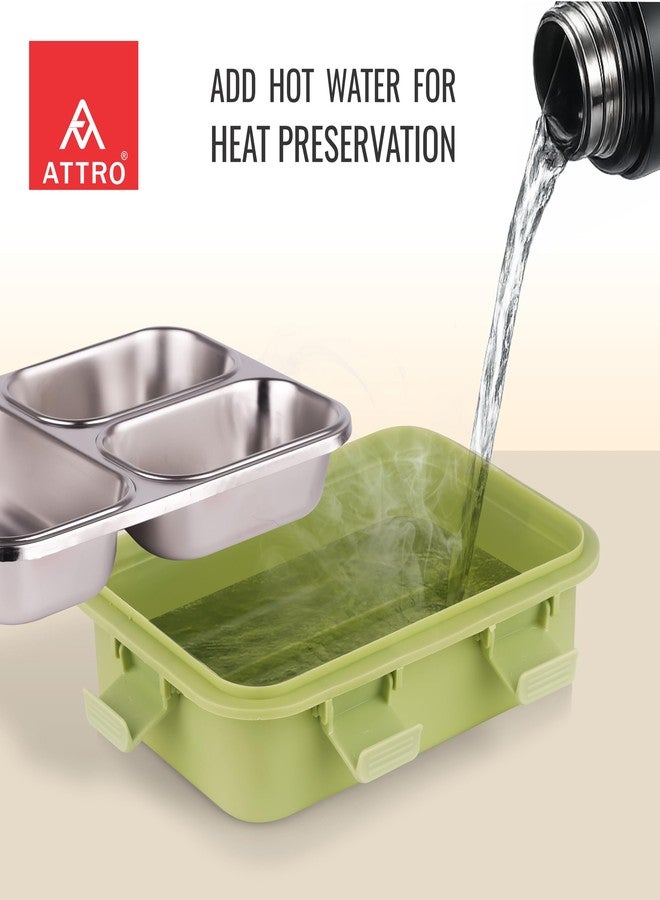 ATTRO Trio Meal Stainless Steel Lunch Box with 3 Partition, Microwave Safe, Airtight Leakproof Silicone Seal Lid, BPA-Free Food Grade Tiffin Box for Office School Kids – 600ml – Green - Image 2