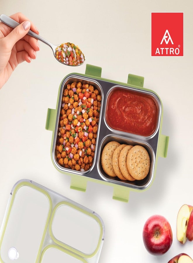 ATTRO Trio Meal Stainless Steel Lunch Box with 3 Partition, Microwave Safe, Airtight Leakproof Silicone Seal Lid, BPA-Free Food Grade Tiffin Box for Office School Kids – 600ml – Green - Image 3