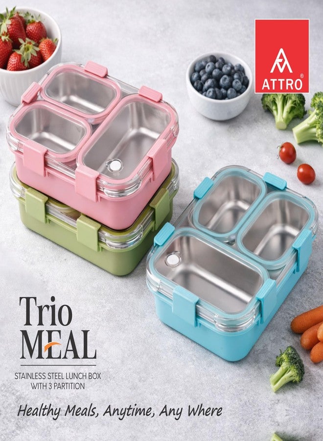 ATTRO Trio Meal Stainless Steel Lunch Box with 3 Partition, Microwave Safe, Airtight Leakproof Silicone Seal Lid, BPA-Free Food Grade Tiffin Box for Office School Kids – 600ml – Green - Image 5